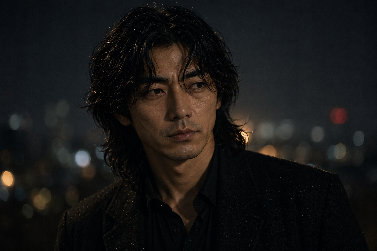 VITO portrait against rainy city lights