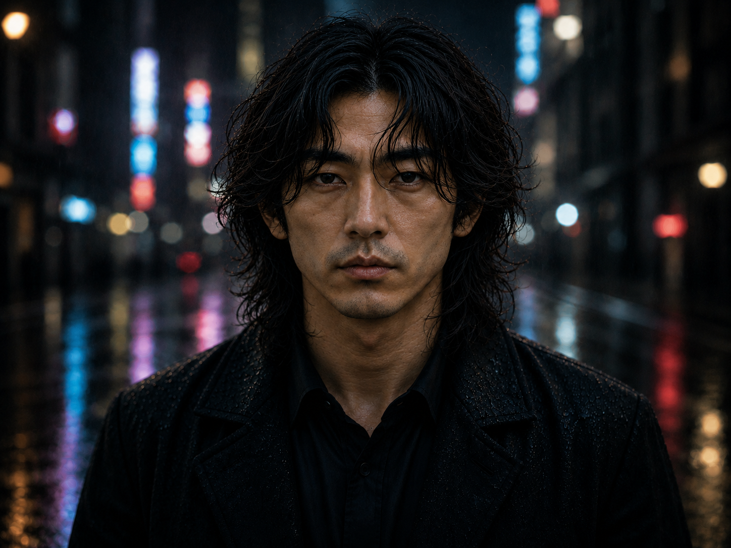 Front-facing VITO portrait in a rain-soaked city at night