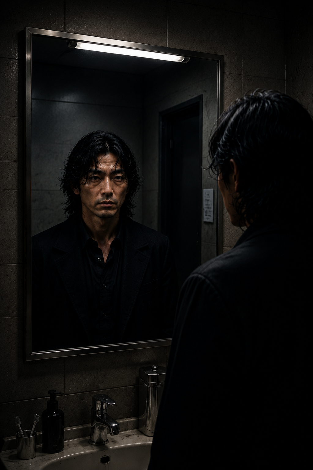 VITO facing himself in a dim mirror