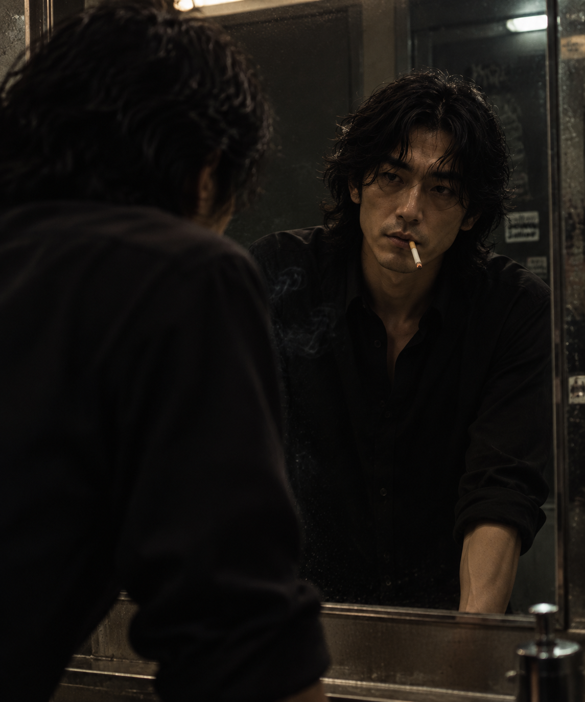 VITO smoking while facing his reflection in a dim mirror
