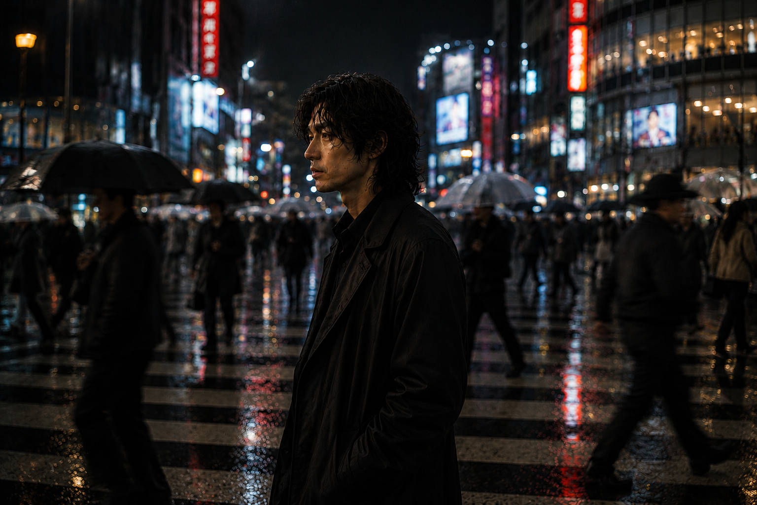 VITO standing in a rain-soaked city crossing