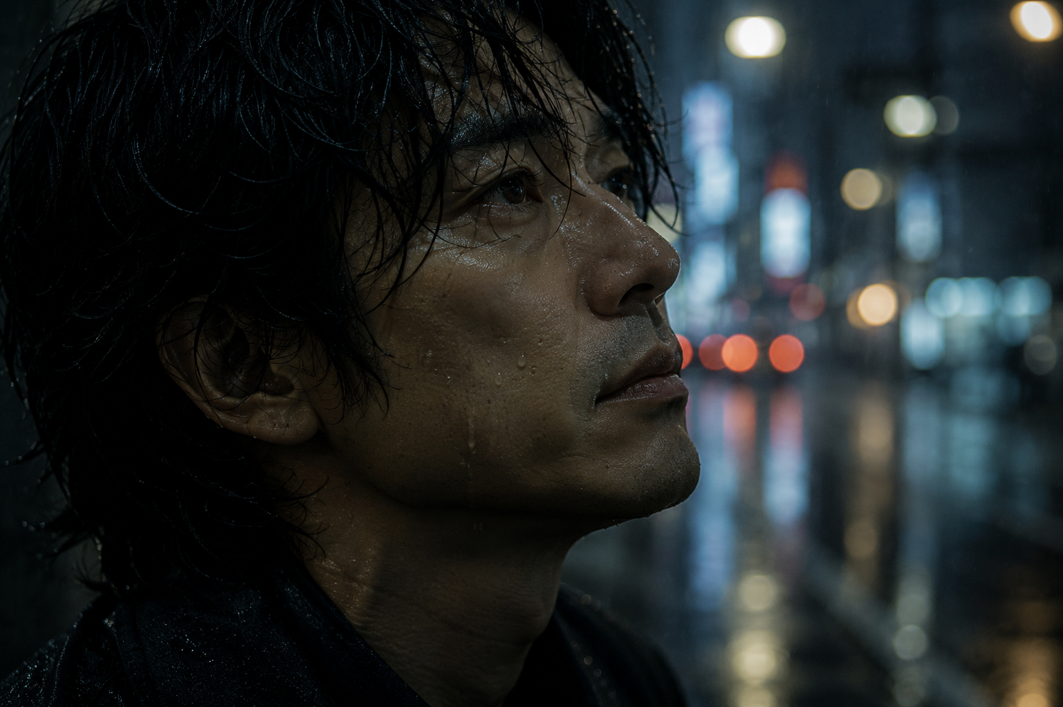 Close profile of VITO looking upward in the rain